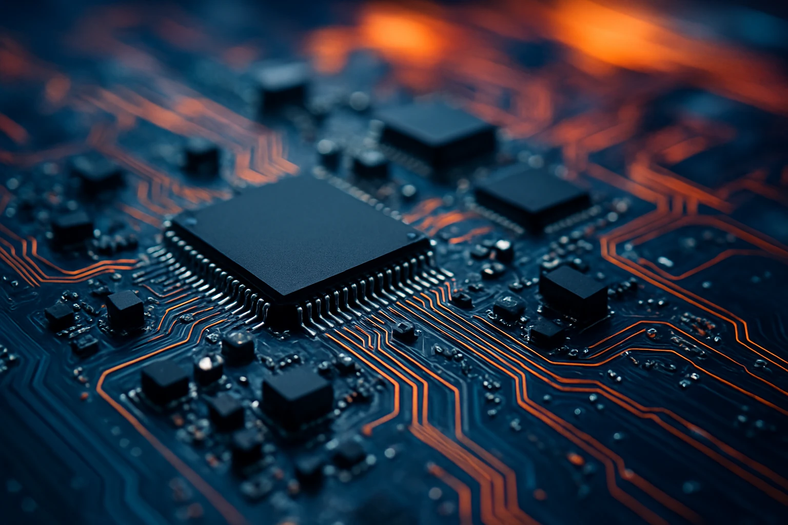 A close-up of a complex circuit board with various microchips and intricate wiring patterns, symbolizing the advanced AI technology behind Visiopt™, set against a vibrant, blurred background to convey speed and innovation.