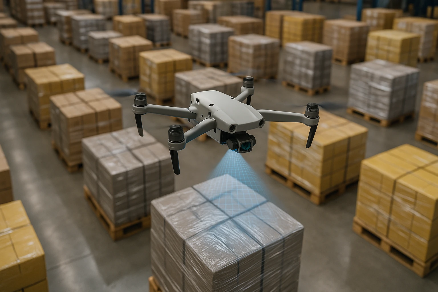 A drone hovering above an expansive warehouse floor, using its camera to scan and organize inventory pallets, symbolizing how Visiopt™ enhances logistics efficiency with AI-powered automation.