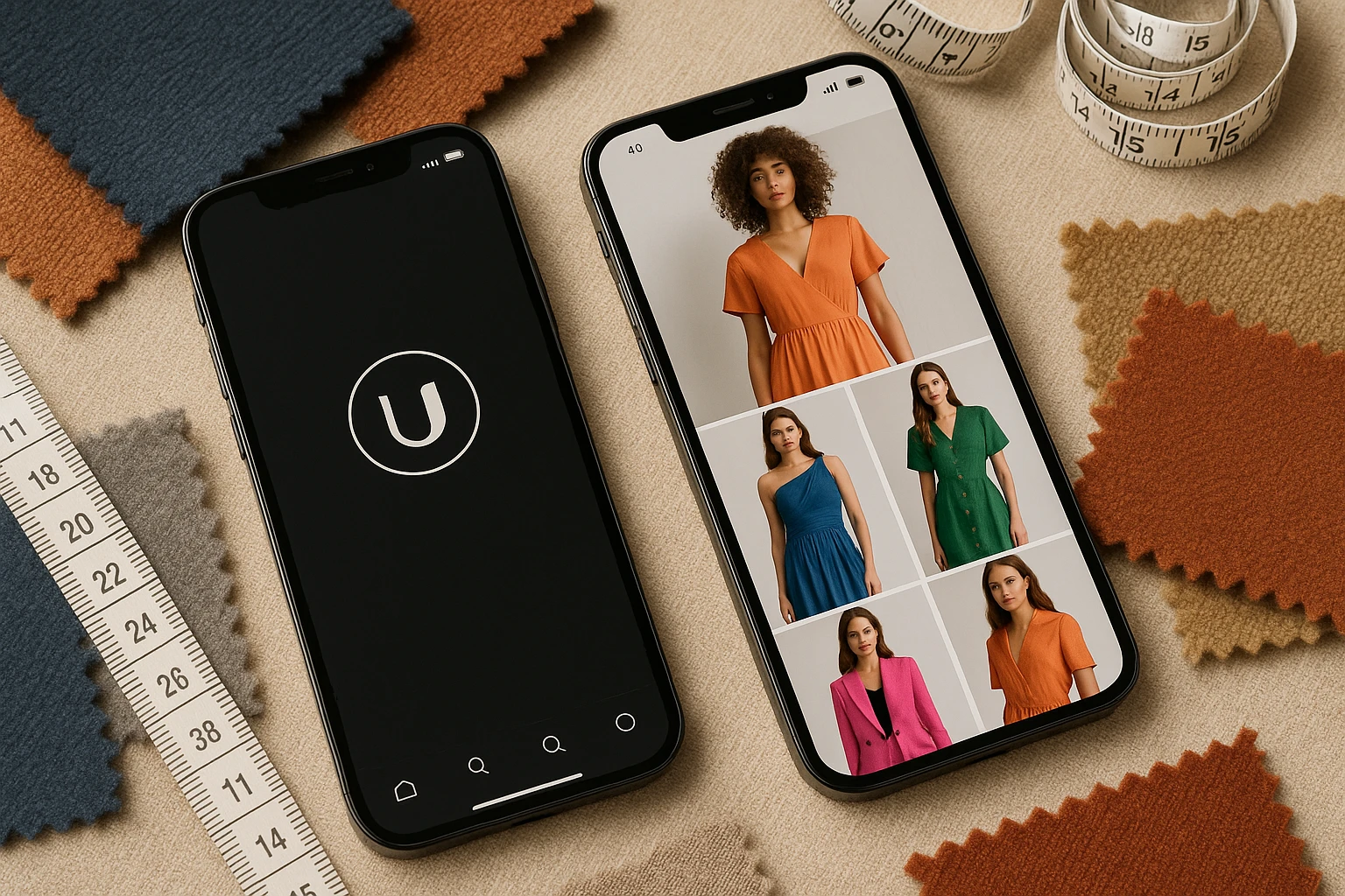 A close-up of two smartphones: one displaying the UNIQ app with a sleek, minimalist interface, and the other showing dressmeupny's vibrant fashion catalog, surrounded by samples of textured fabric swatches and measuring tapes.