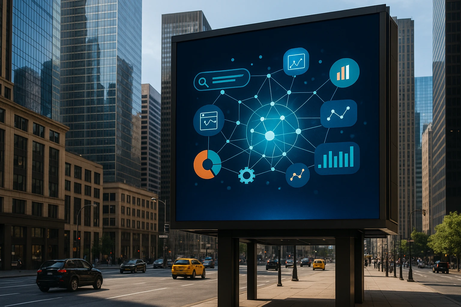 A city street with a large billboard featuring the Visiopt™ logo, showcasing dynamic graphics highlighting interconnected web elements and analytics icons, all against a backdrop of skyscrapers.