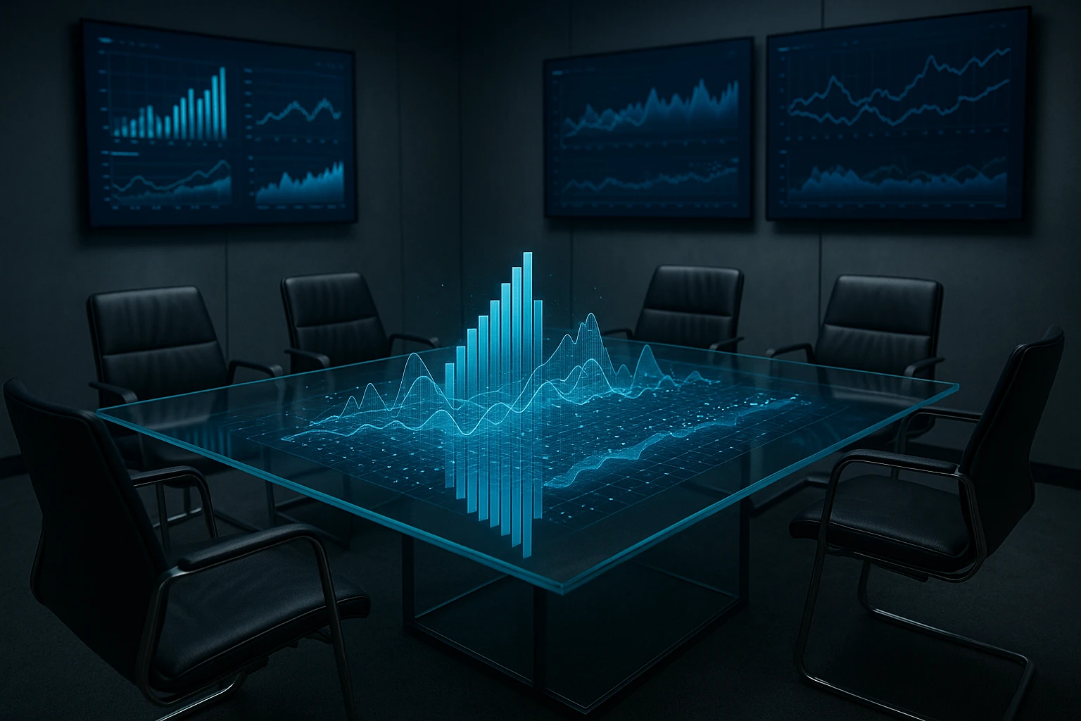 A futuristic conference room with a transparent table displaying a 3D hologram of data visualizations, surrounded by sleek chairs and minimalist wall screens showing real-time analytics graphs.
