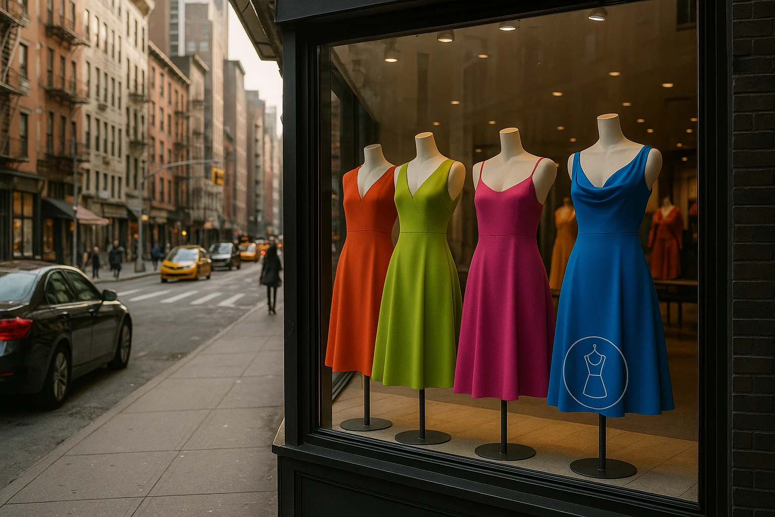 A vibrant street scene in New York City showcasing a stylish boutique window displaying a selection of colorful, contemporary dresses, with a small logo of dressmeupny subtly integrated into the window design, capturing the essence of urban fashion.