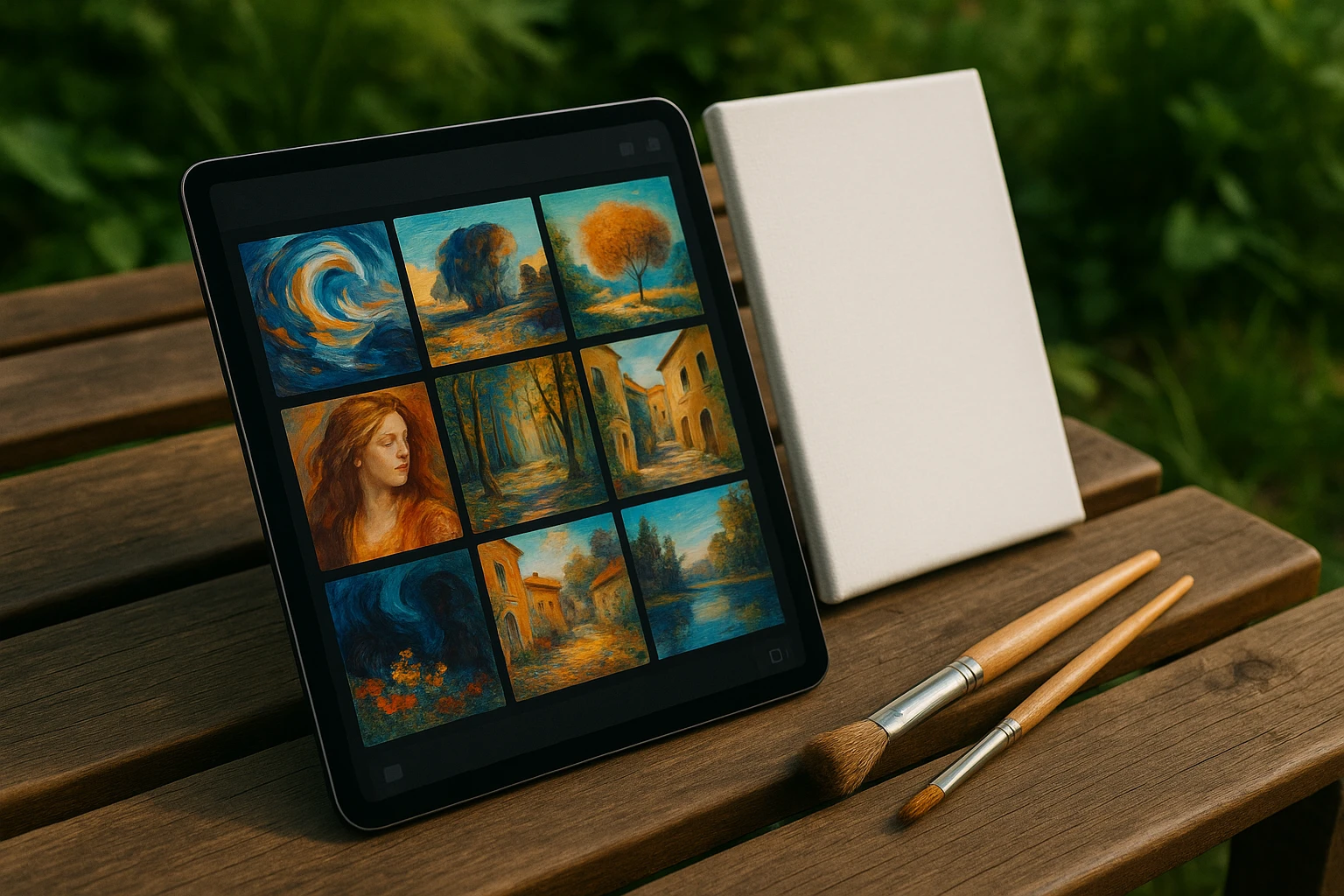 A close-up of a digital tablet displaying an artwork gallery interface from UNIQ by Always Software Ltd, placed outdoors on a wooden bench next to a canvas and paintbrushes, surrounded by lush greenery.