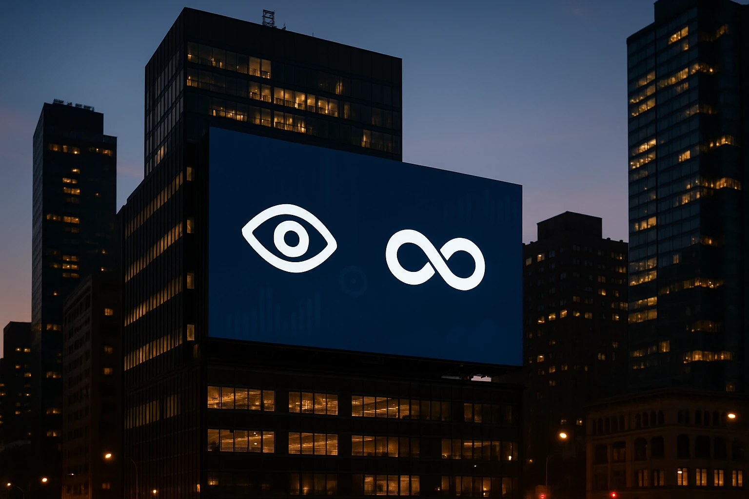 A cityscape at dusk, featuring a large digital billboard displaying the Visiopt™ and Everconvert.ai logos side by side, with graphs and analytics icons subtly integrated into the background.