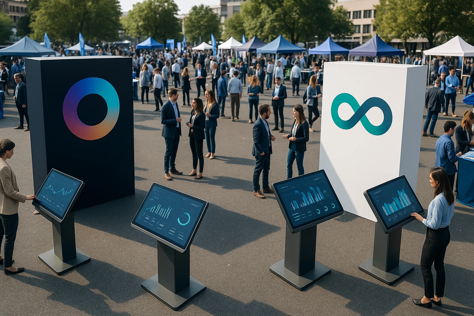 A drone captures a panoramic view of a bustling outdoor marketing expo, showcasing large freestanding displays of the Visiopt™ and Everconvert.ai logos, surrounded by interactive kiosks with touchscreen interfaces allowing attendees to explore real-time analytics features.