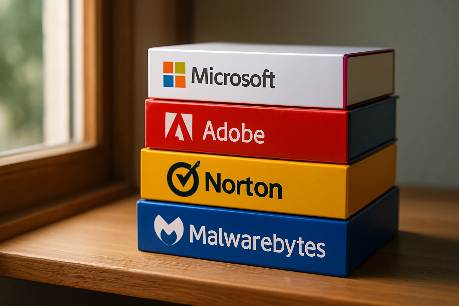 A stack of unopened software product boxes displayed prominently on a wooden shelf, each with vibrant packaging showcasing trusted software brands and labels, under soft natural lighting from a nearby window.