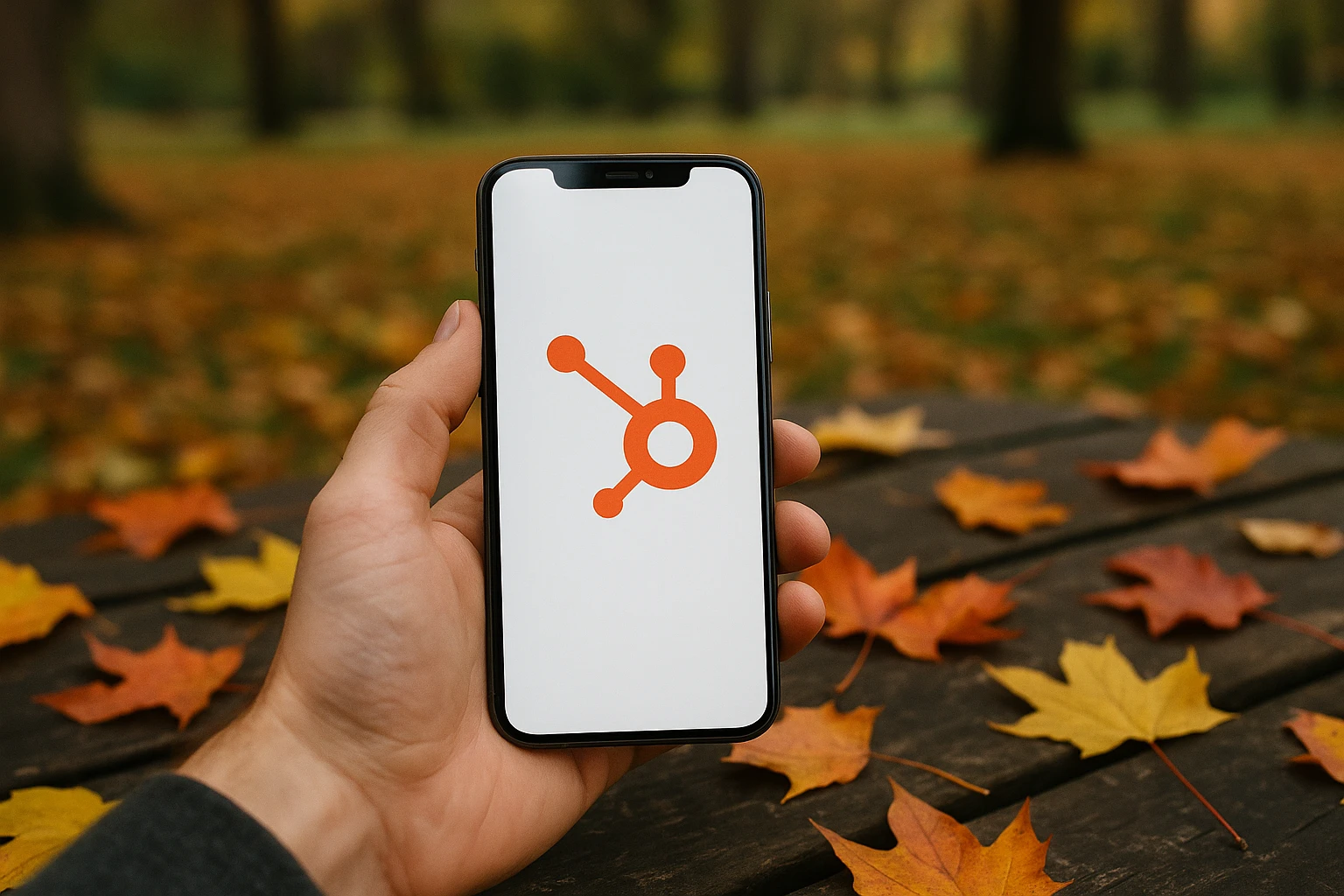 A close-up of a smartphone held outdoors in a park, displaying the HubSpot logo on the screen, surrounded by vibrant autumn leaves scattered on a picnic table.