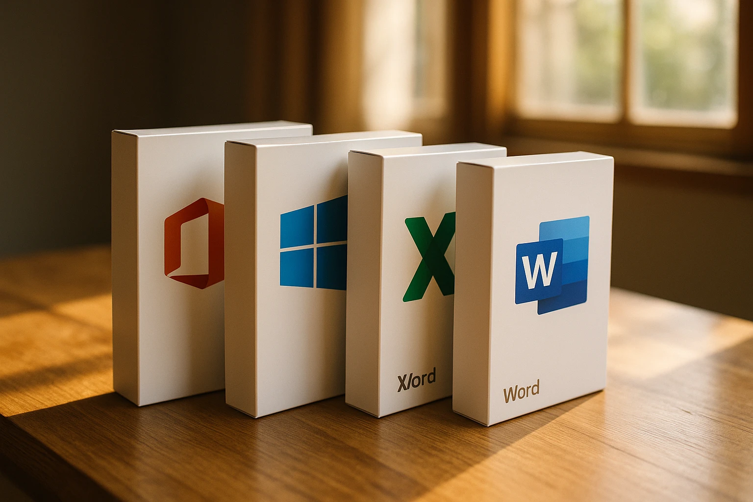 Microsoft software boxes neatly arranged on a wooden table, with sunlight streaming through a window, highlighting their sleek packaging and vibrant logos.
