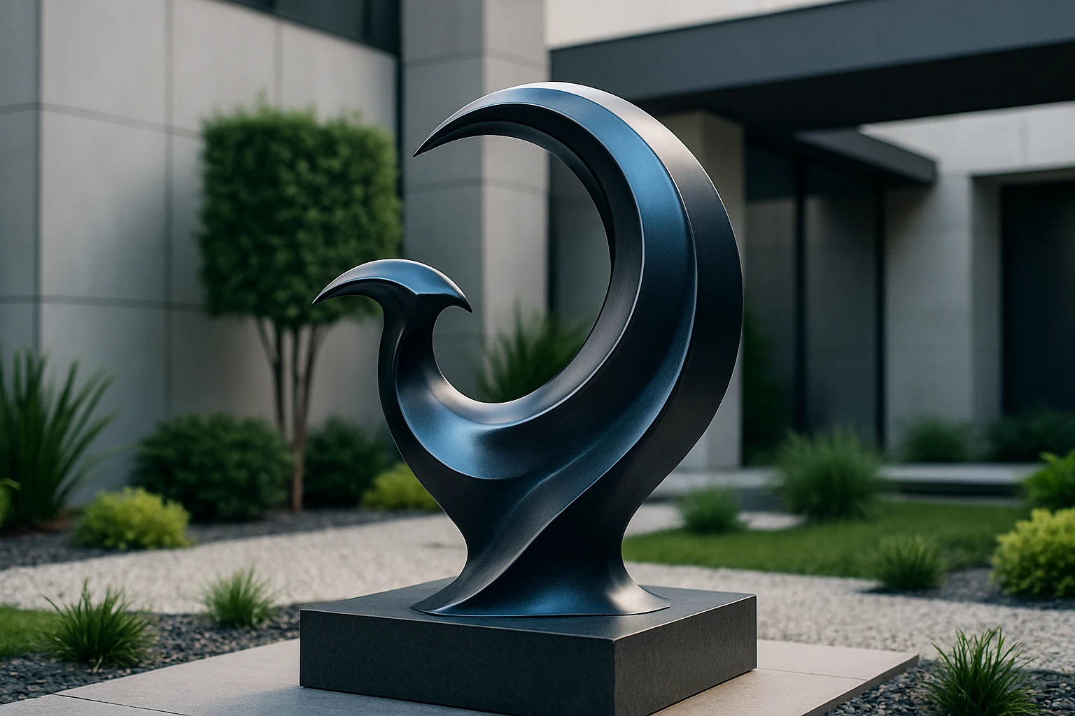 A sleek, abstract sculpture representing a dynamic wave, symbolizing innovation and technology, positioned in a modern garden surrounded by minimalist architectural elements with the 