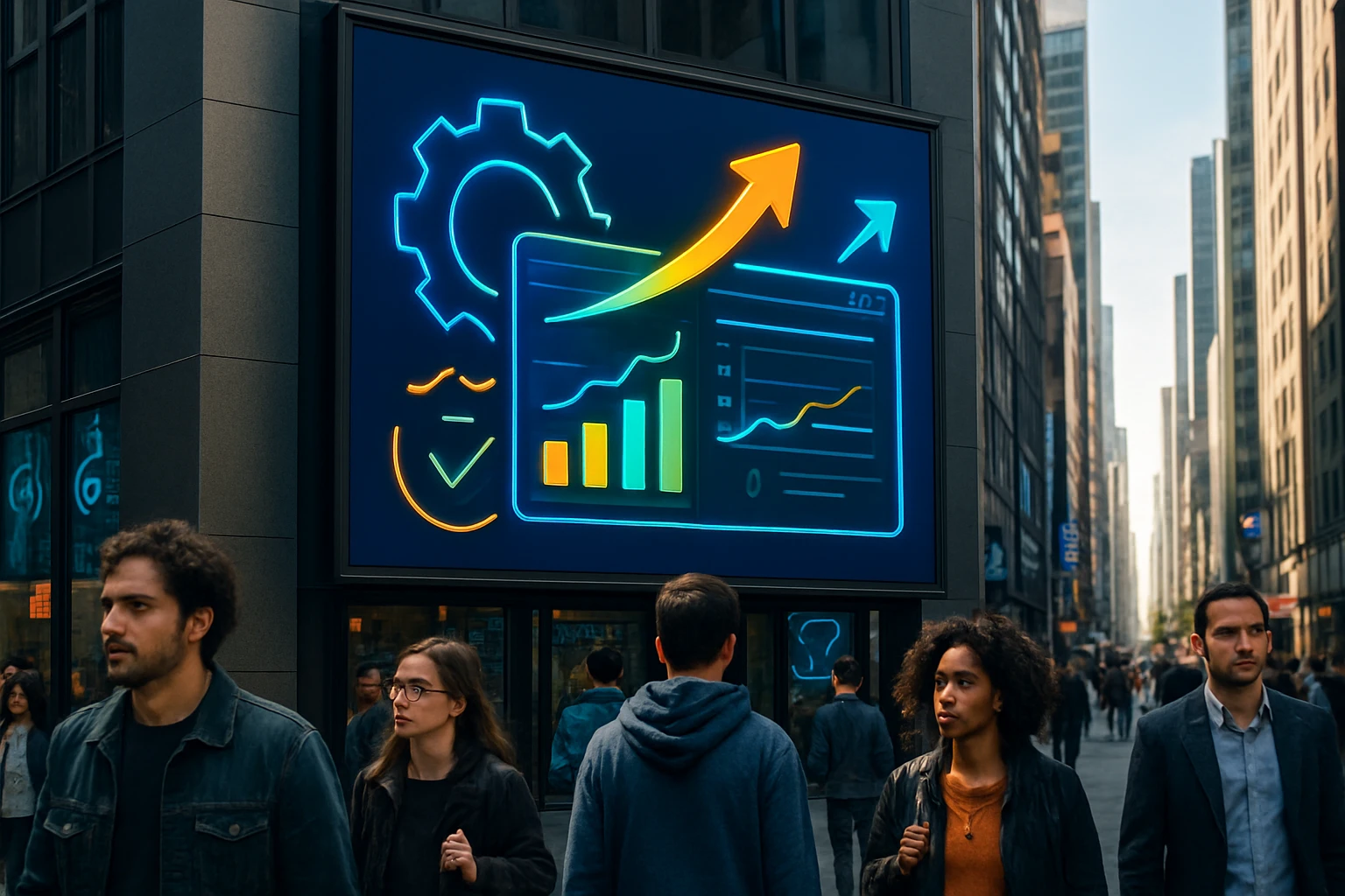 A vibrant cityscape with a large billboard advertising an optimization tool, featuring dynamic graphics and bold text, set against a bustling street with passersby and tech-themed decor.