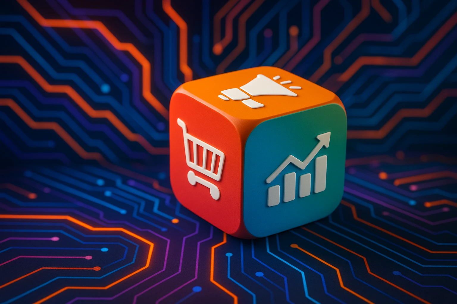 A close-up of various digital marketing tool icons displayed on a colorful cube, set against a background of interconnected neon circuits symbolizing innovation and technology.