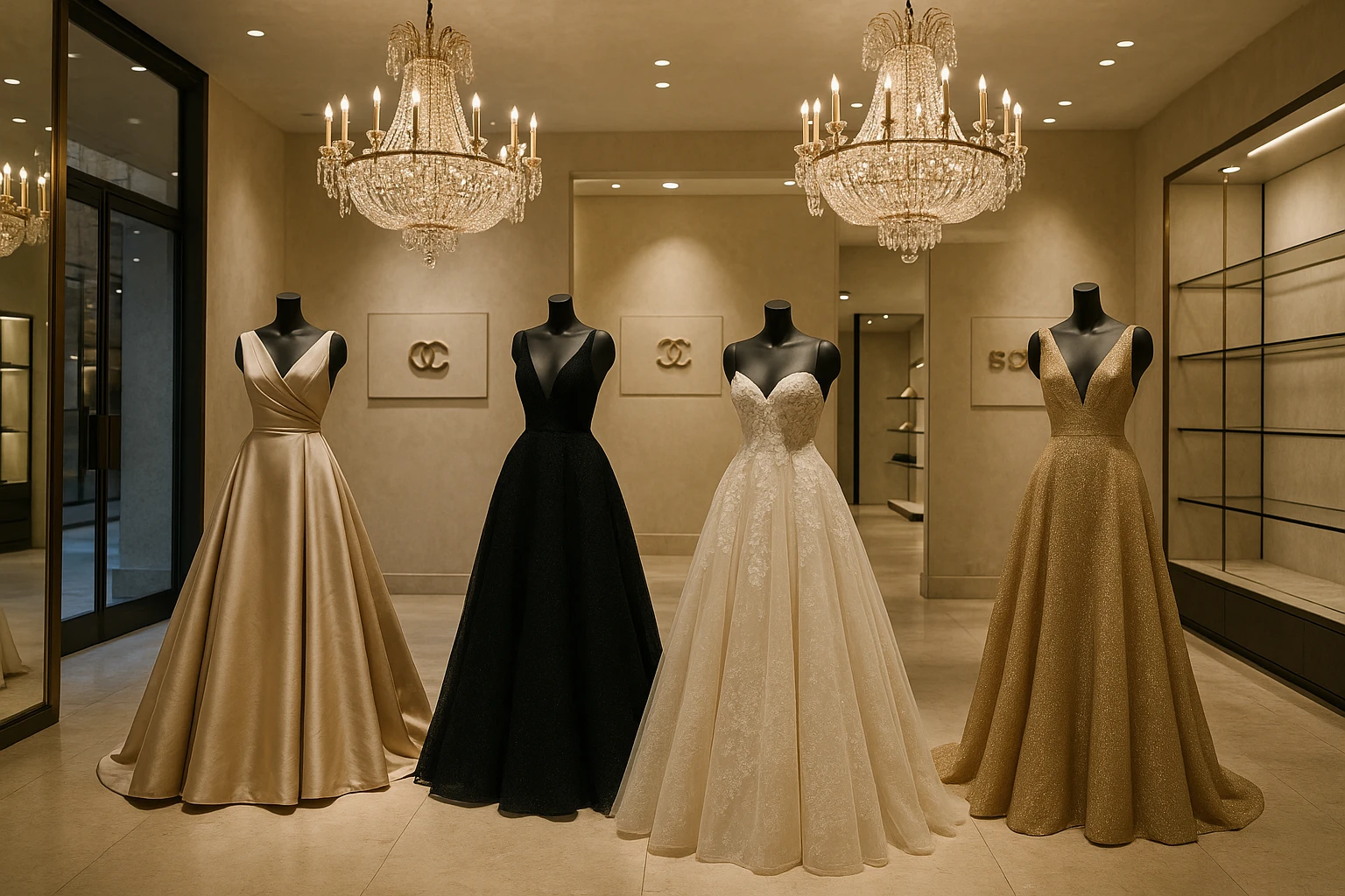 A luxurious boutique interior in Manhattan, showcasing an elegant display of couture gowns on sleek mannequins, with shimmering chandeliers above and chic designer logos subtly adorning the walls.