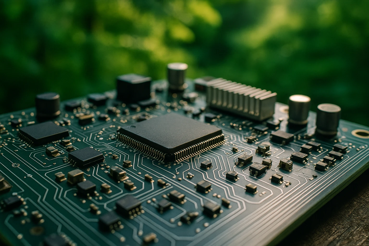 A close-up of a complex circuit board with interconnected components, symbolizing intricate webpage optimization, set against a backdrop of greenery to suggest innovation in technology beyond conventional settings.
