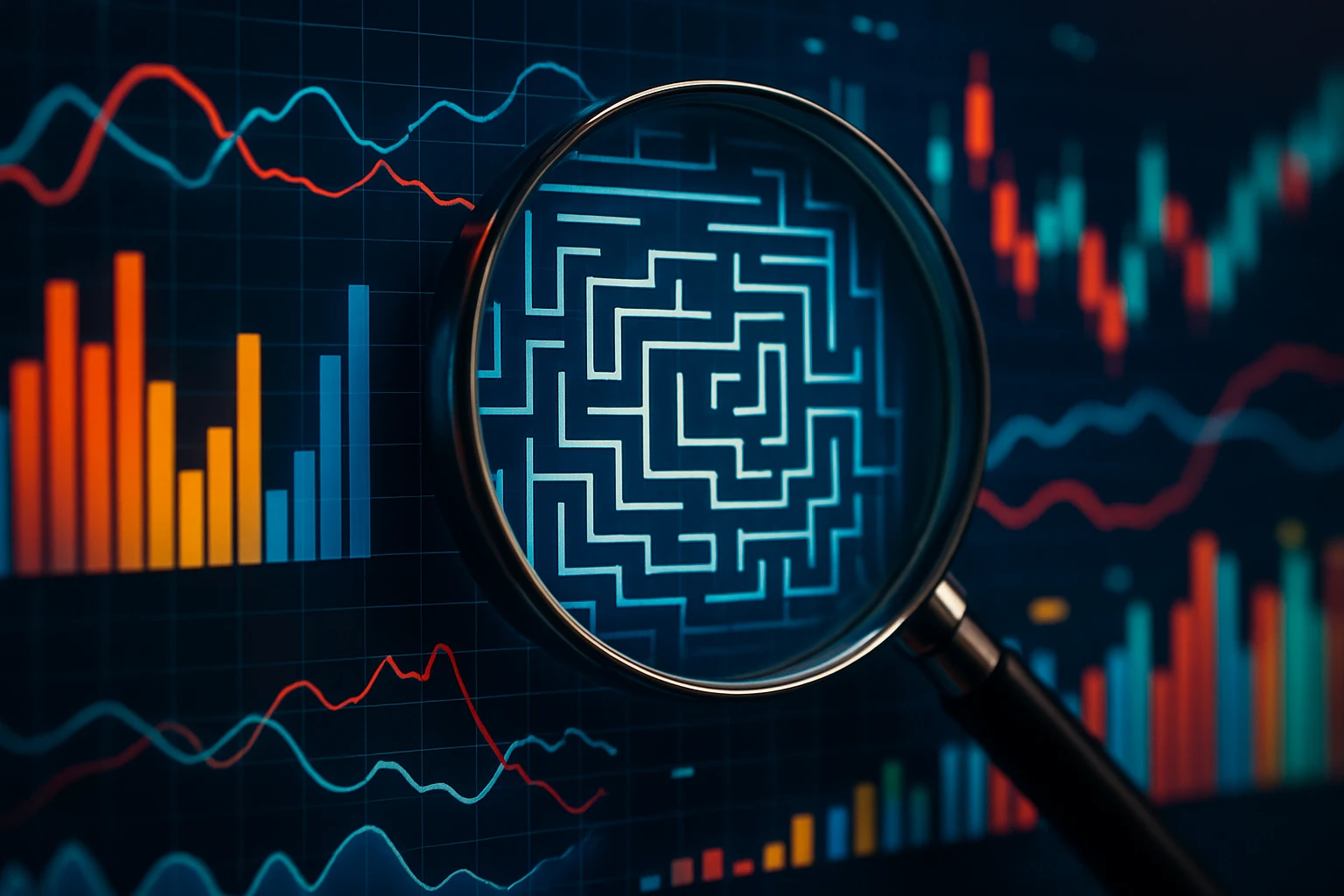 An abstract representation featuring a magnifying glass hovering over a digital maze, surrounded by vibrant data graphs and charts, symbolizing deep data analysis and uncovering hidden insights.