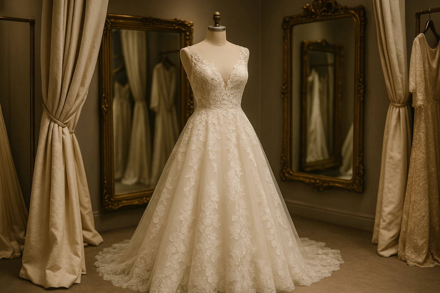 A pristine bridal gown displayed elegantly on a chic mannequin, surrounded by luxurious fabrics and ornate mirrors inside a sophisticated Manhattan boutique, with soft lighting accentuating the intricate lace details.