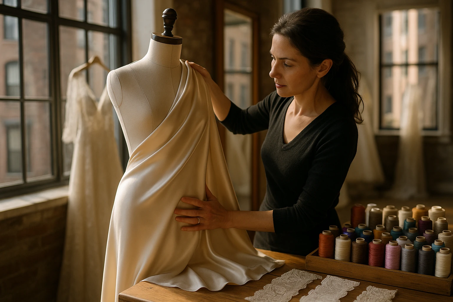 A seamstress is gracefully draping a luxurious silk fabric over a dress form in a cozy, sunlit Manhattan gown boutique, with an array of colorful threads and delicate lace trims neatly organized on a nearby wooden workbench.