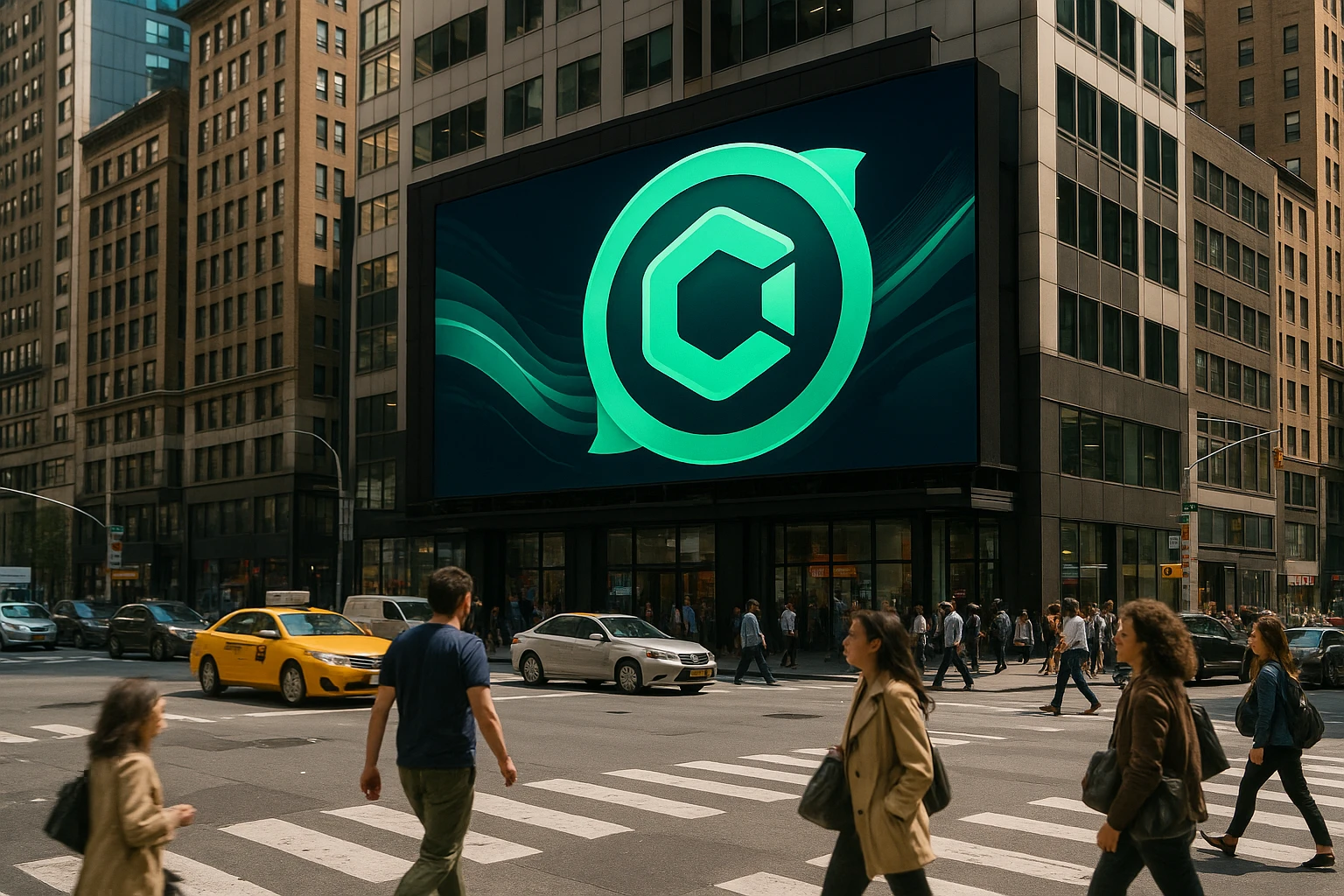 A vibrant city street scene with a large billboard displaying the Mint CRO logo, featuring sleek graphics and vibrant colors, capturing the attention of passersby amidst bustling urban activity.