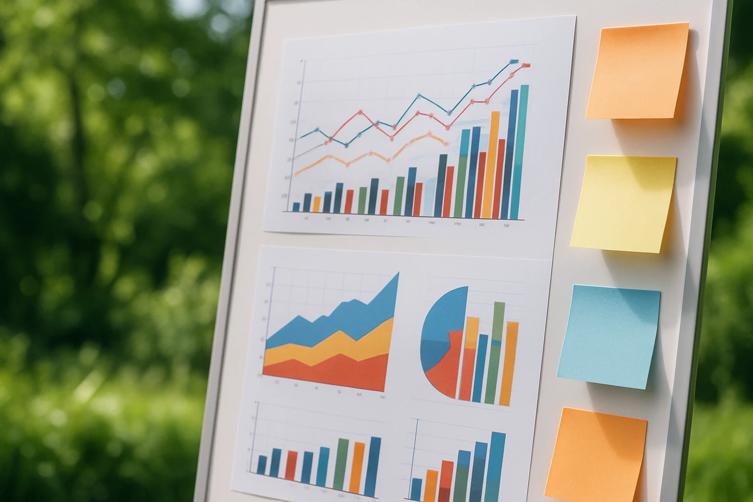 A close-up shot of a physical chart board, lined with colorful graphs and sticky notes, set against a backdrop of lush greenery, symbolizing growth and strategic planning in an open-air setting.