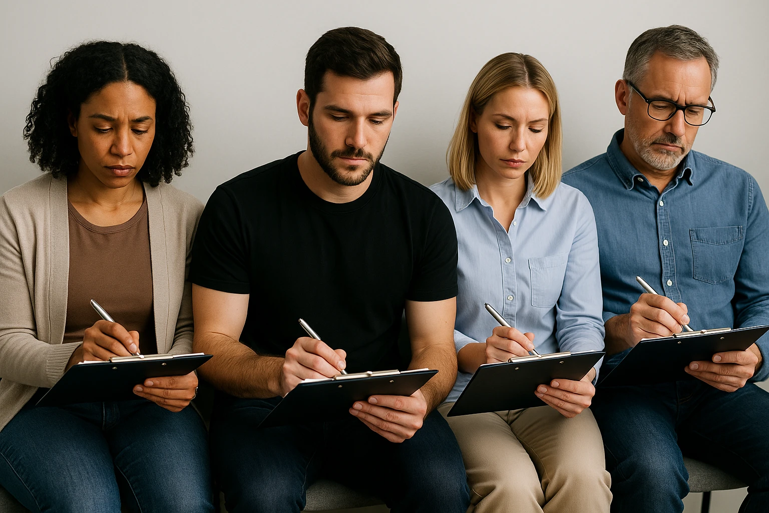 A group of adults sitting in a waiting room each holding a clipboard with mental health assessment forms.