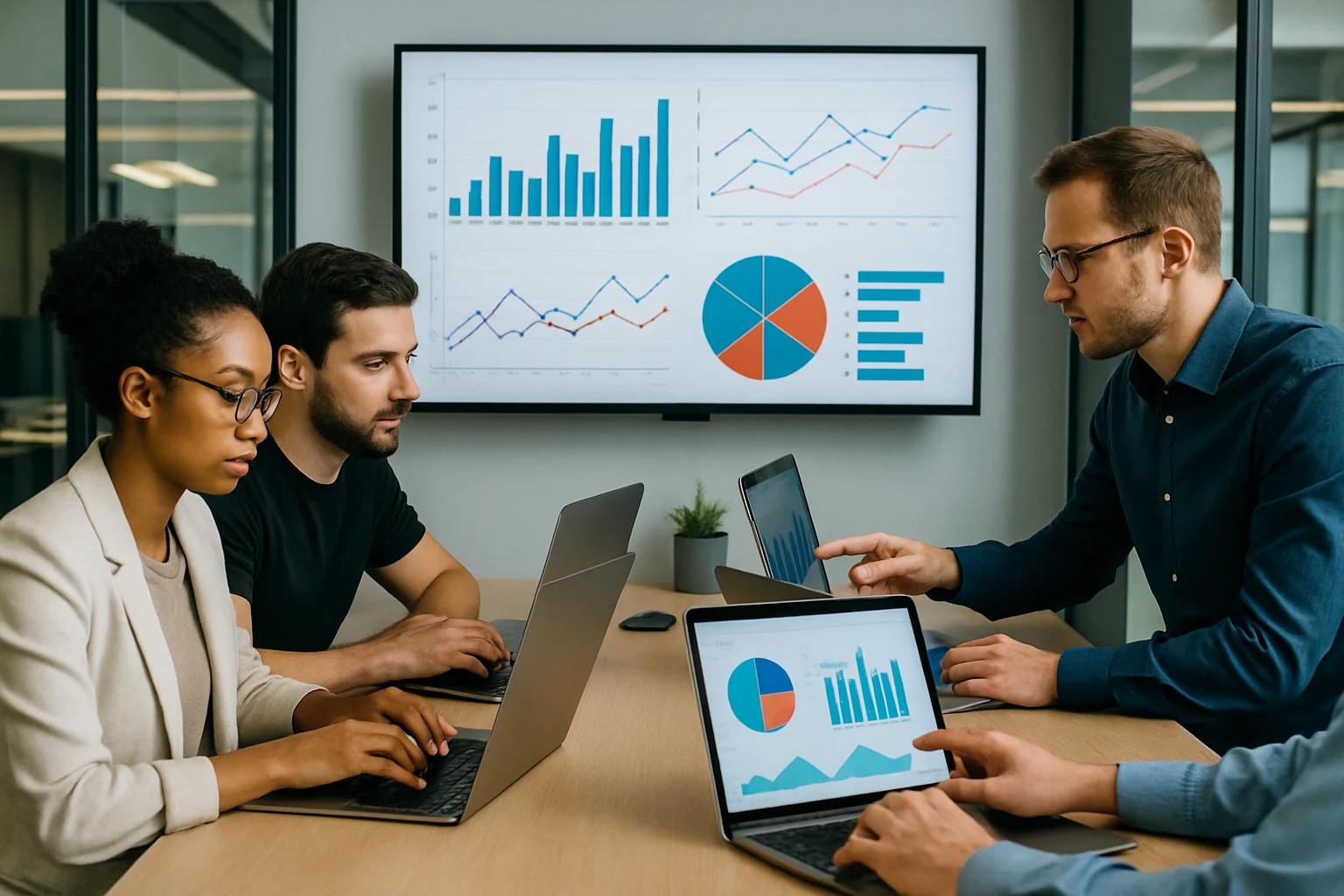 A group of researchers in a modern office analyzing data on laptops with charts and graphs displayed on a large screen.