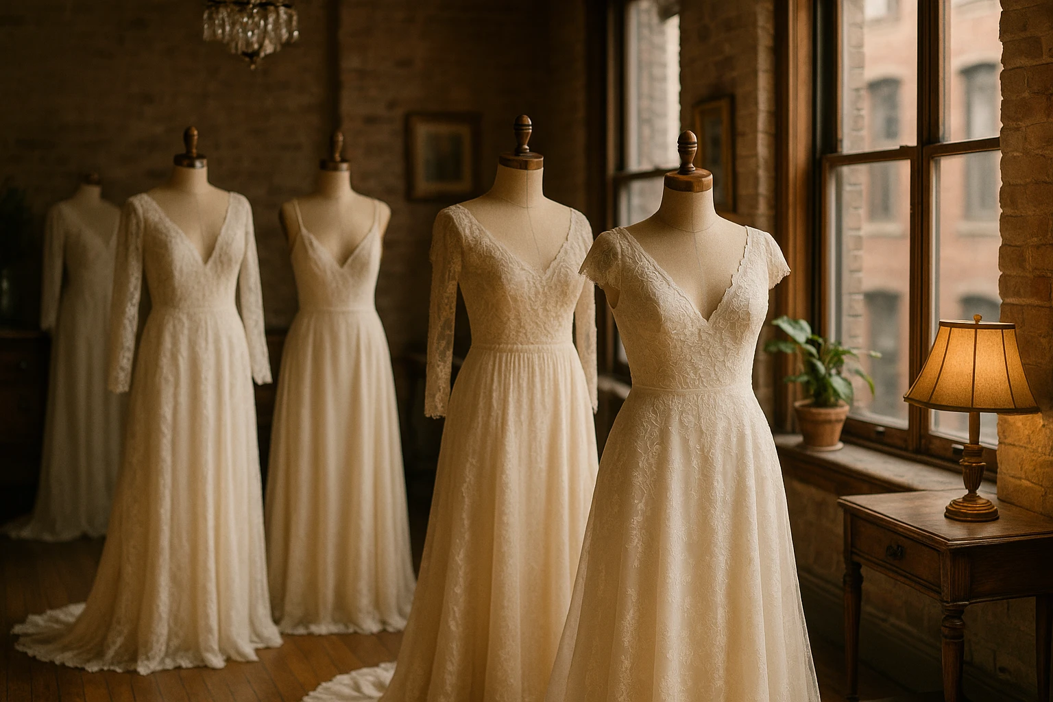 A cozy Brooklyn boutique interior showcasing elegant gowns on wooden mannequins, surrounded by soft, ambient lighting and vintage decor, highlighting the intricate lace and silk details in a serene, inviting setting.