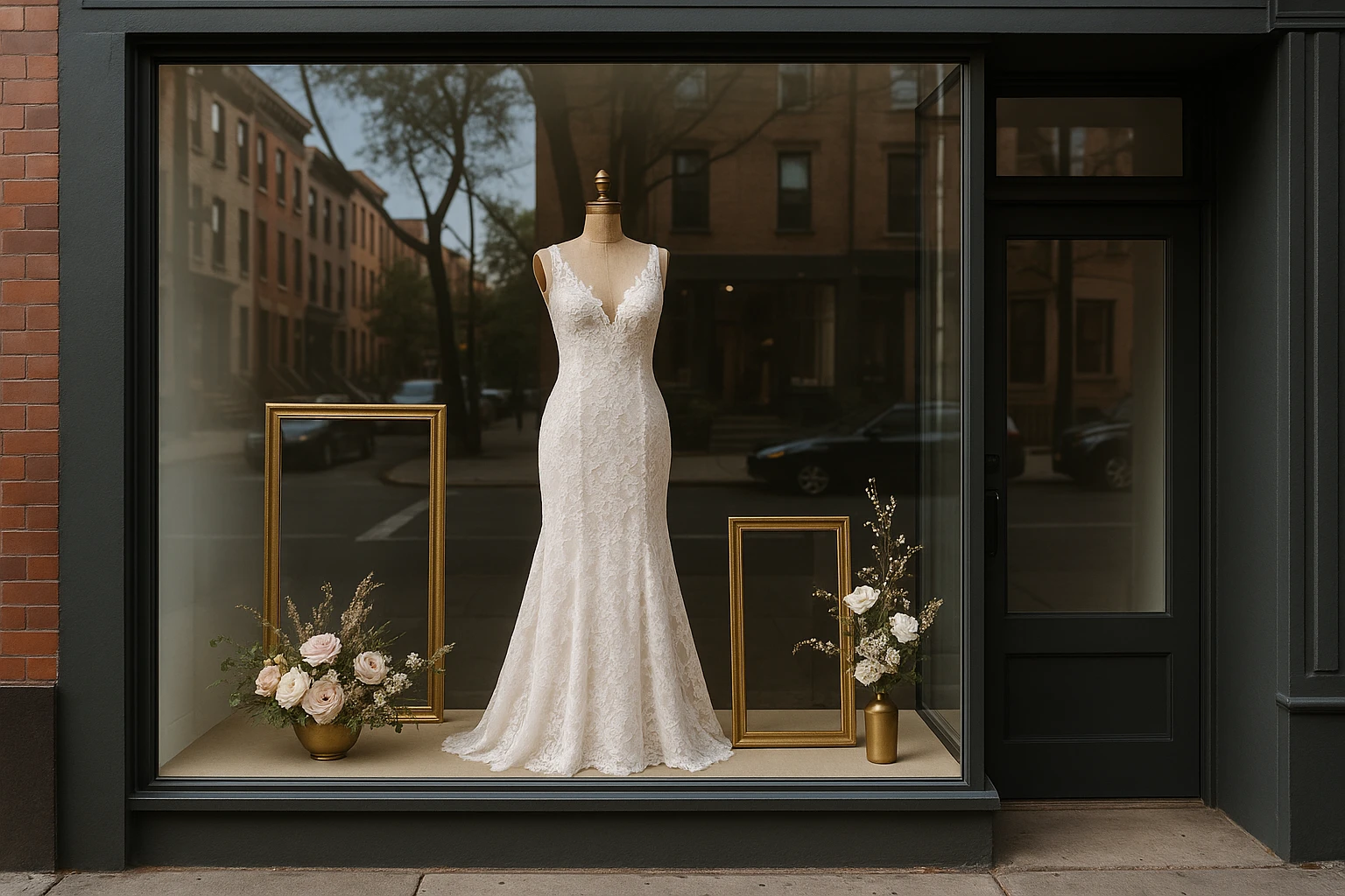 An elegant Brooklyn boutique storefront displaying a curated window arrangement with a stunning lace wedding gown on a vintage dress form, flanked by chic gold frames and delicate floral arrangements, set against a modern urban street backdrop.
