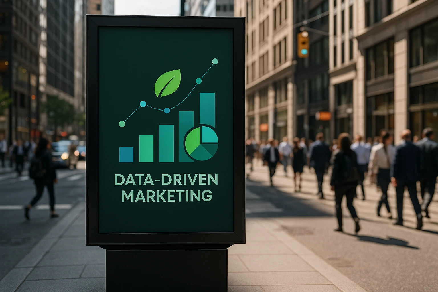A sleek city billboard displays vibrant graphics for Mint CRO's data-driven marketing services, set against a backdrop of busy urban streets with bustling pedestrians.