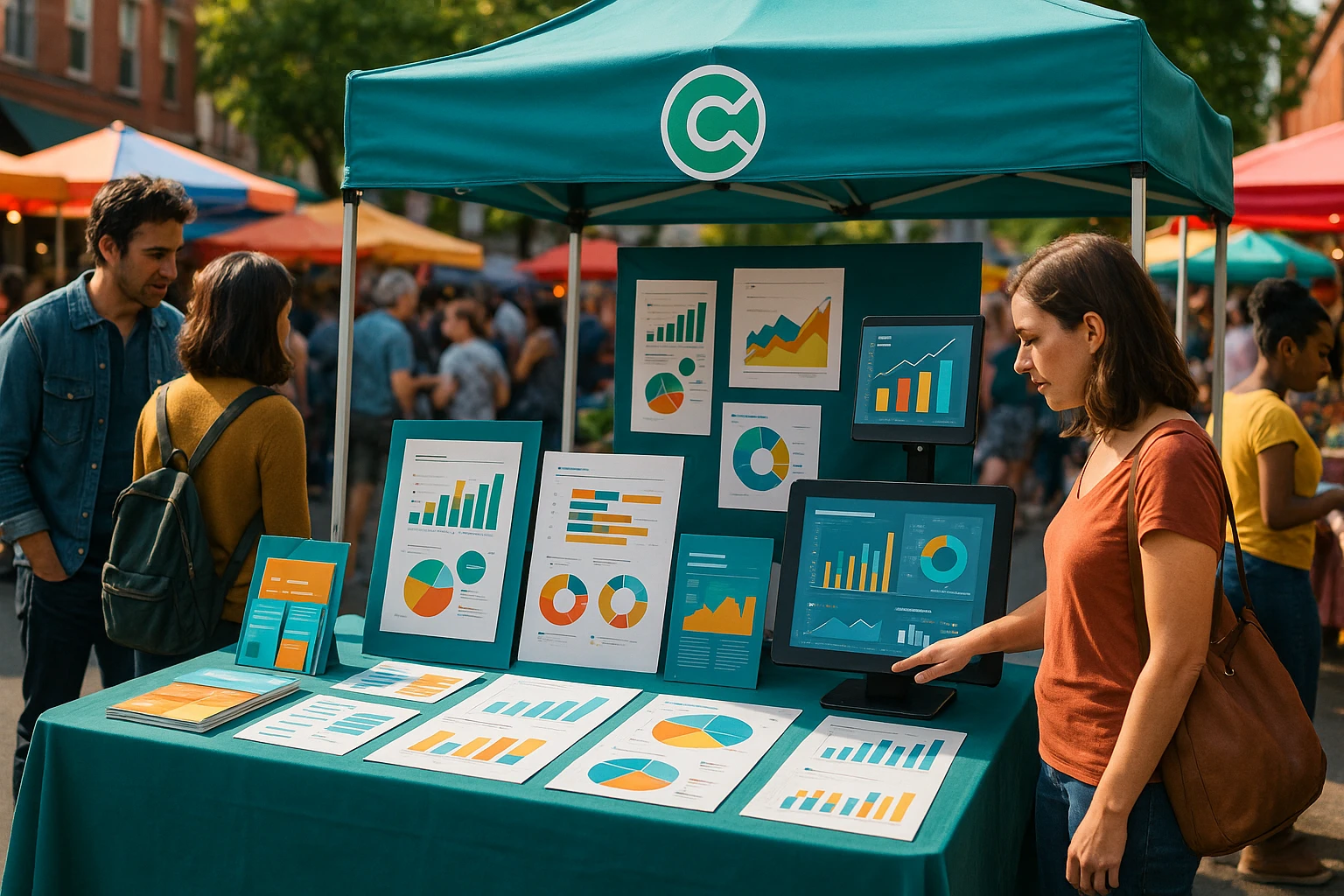 A vibrant outdoor marketplace featuring a Mint CRO banner displayed above a colorful stall filled with data-driven marketing brochures and charts, surrounded by bustling market-goers engaging with interactive displays showcasing conversion metrics and user behavior insights.