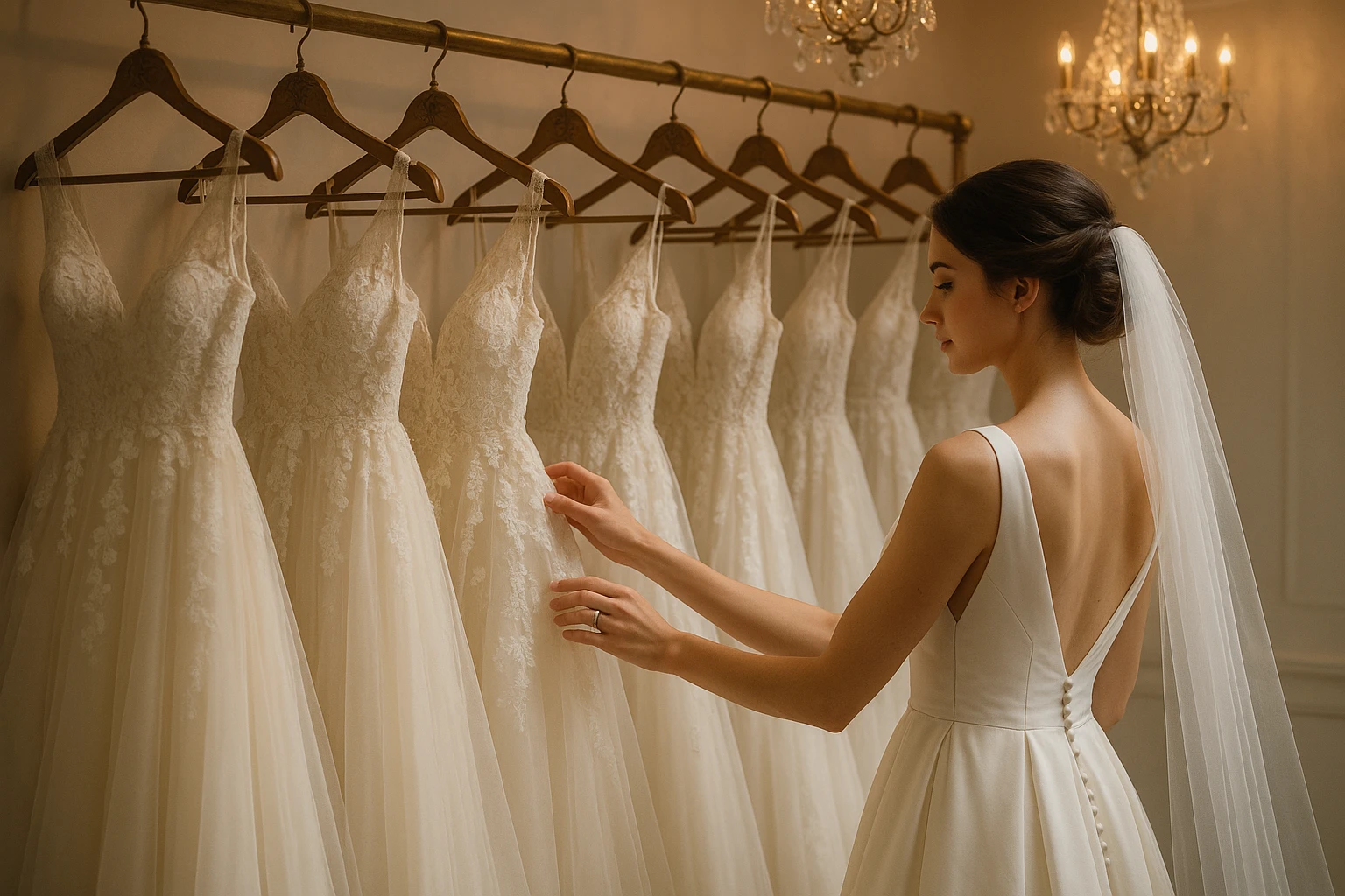 A bride gently examines a row of elegant wedding gowns displayed on ornate, vintage wooden hangers against a backdrop of soft, pastel-colored walls in a cozy Long Island boutique, with delicate chandeliers casting a warm glow over the scene.