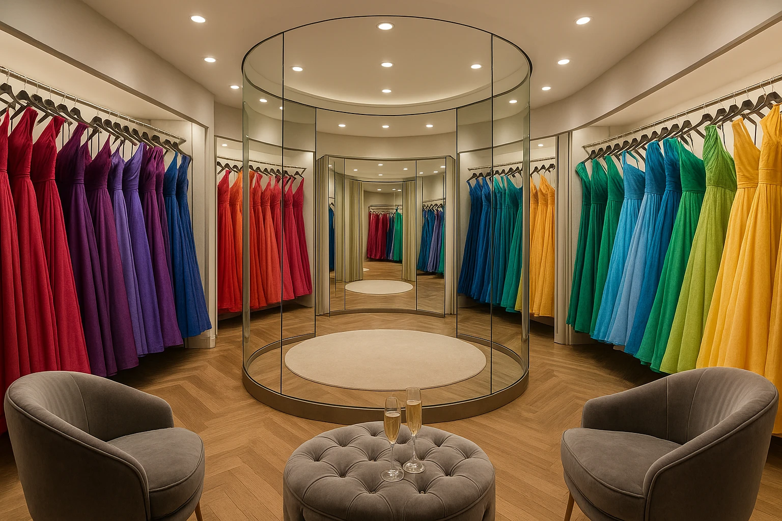 A luxurious Long Island gown boutique with a wide, circular fitting room framed by floor-to-ceiling mirrors, where a variety of vibrantly colored gowns hang on sleek metal racks, and plush, velvet seating offers a comfortable space for friends to wait while sipping complimentary champagne from crystal flutes.