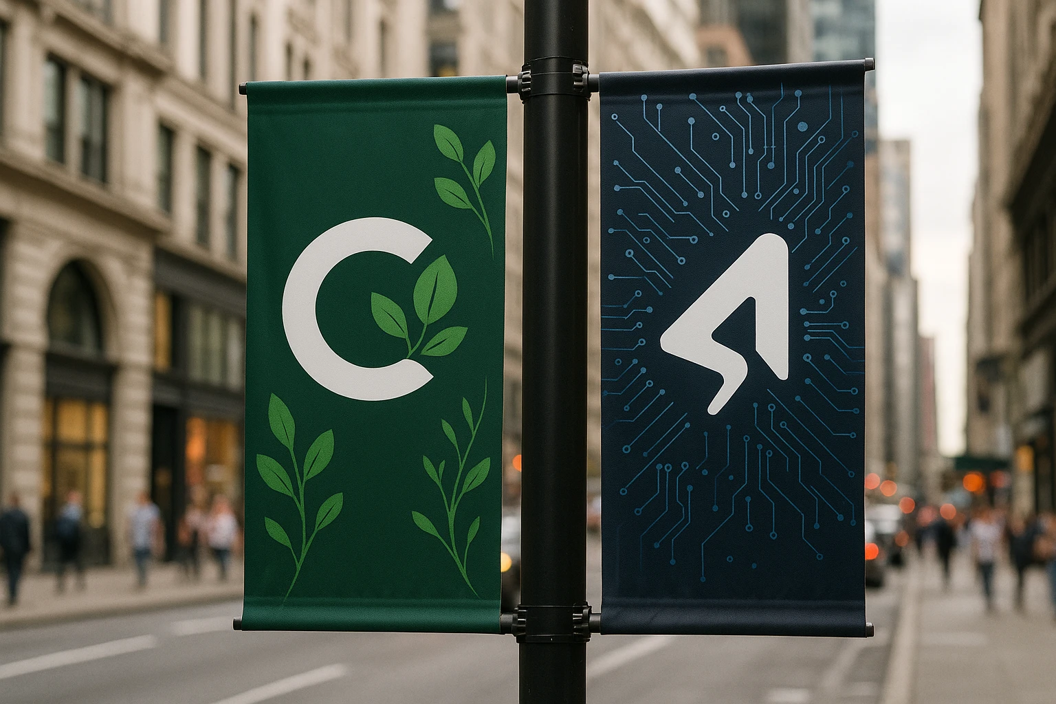 Two contrasting banners displayed side-by-side outdoors, one showcasing Mint CRO's logo with green plant motifs and the other featuring Everconvert.ai's logo with digital circuitry patterns, set against a backdrop of a bustling city street.
