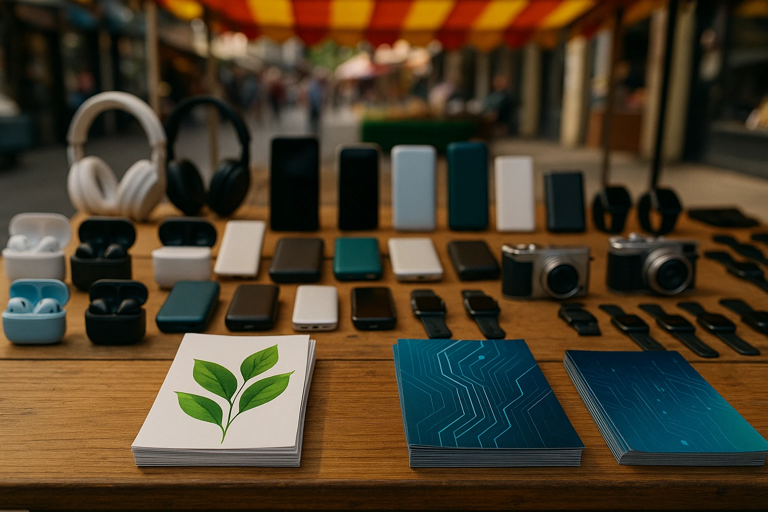 A vibrant street market stall displaying a variety of tech gadgets, with Mint CRO brochures featuring green plant designs alongside Everconvert.ai flyers with sleek digital patterns, placed on a wooden table under a bright awning.