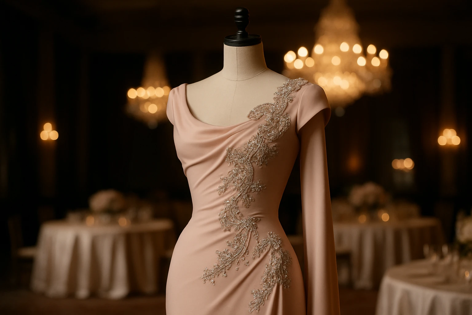 An elegant blush-pink Schiaparelli gown draped on a mannequin, adorned with intricate crystal embellishments, set against the backdrop of a grand ballroom with a sparkling chandelier casting a soft glow over silk-draped tables.