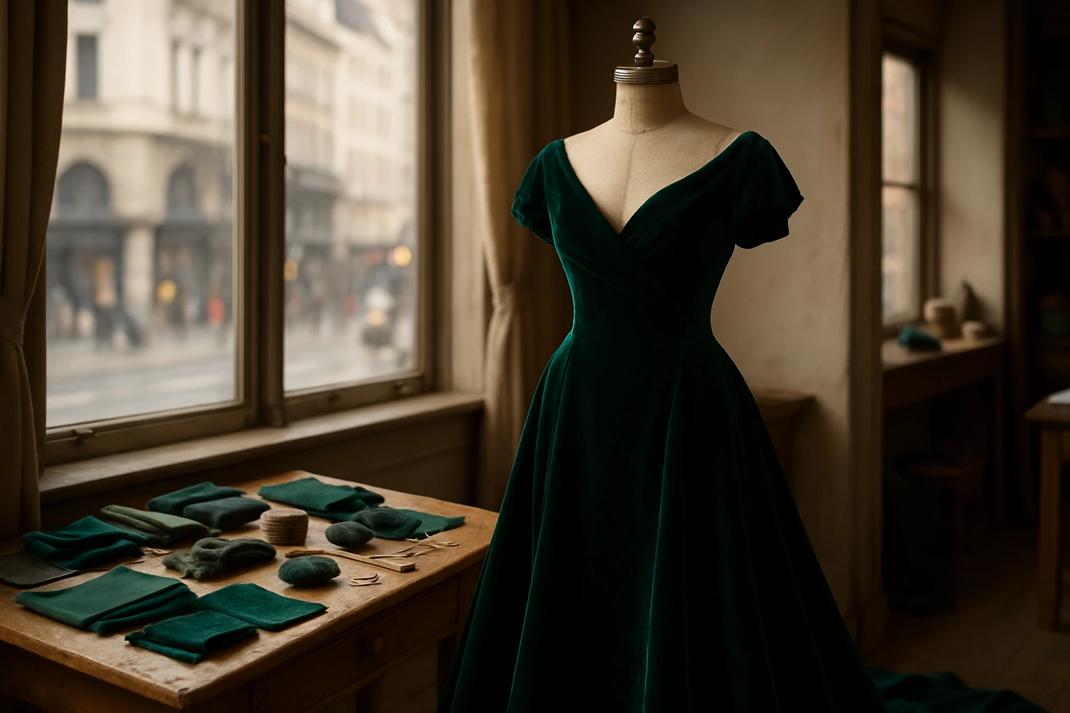 A luxurious velvet gown in deep emerald green displayed on a vintage dress form, surrounded by swatches of fabric and sewing tools, set in a cozy atelier with large windows overlooking a bustling city street.