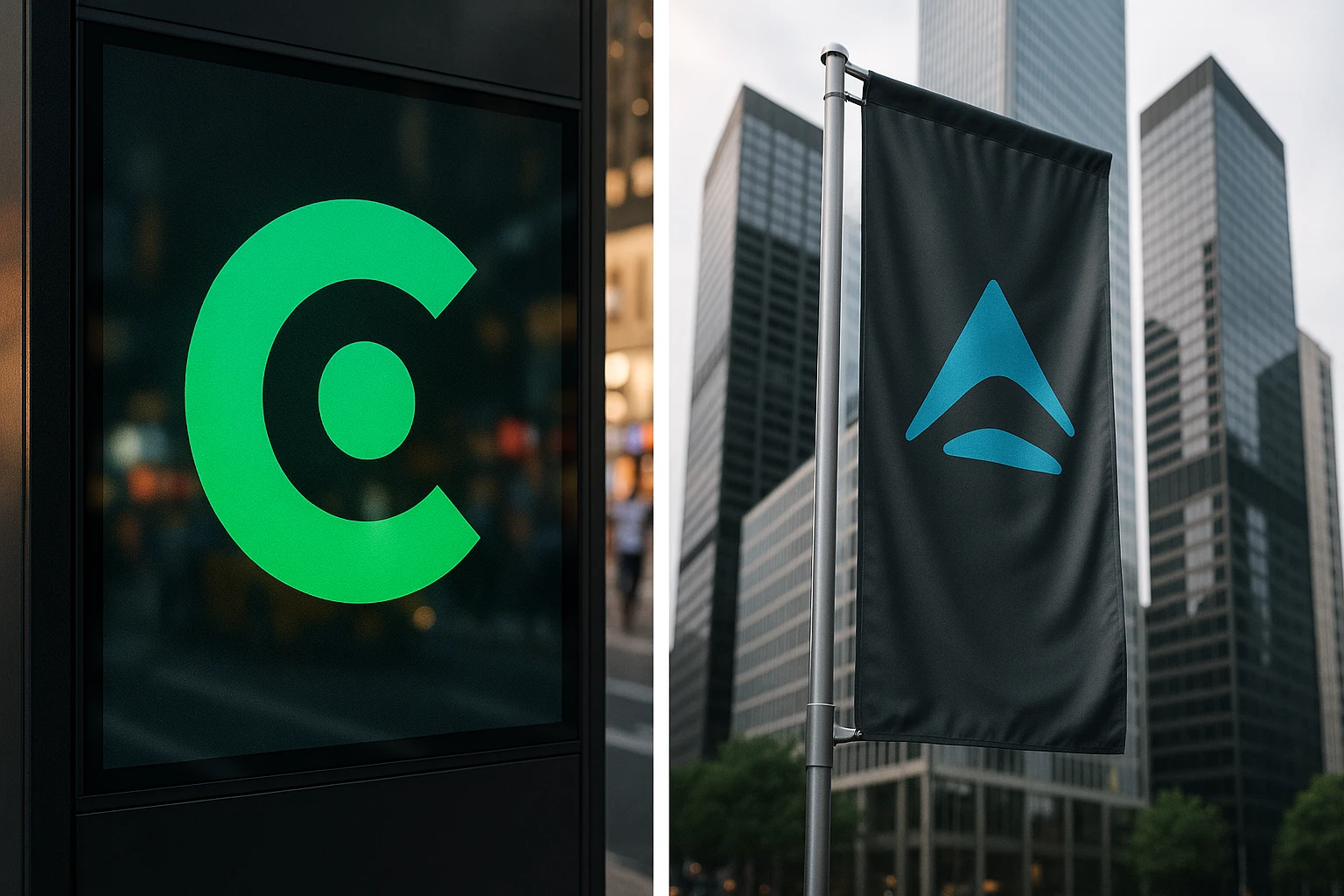 A split-screen image showing a close-up of a digital advertisement billboard featuring the Mint CRO logo on a bustling city street, while on the other side, a sleek outdoor banner displaying the Everconvert.ai logo flutters in the wind against a backdrop of modern skyscrapers.