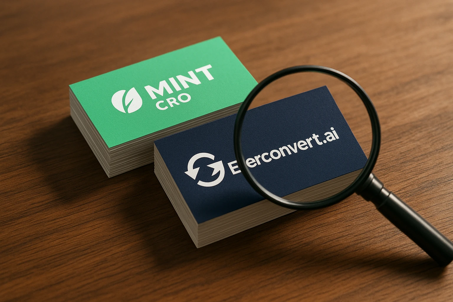 A stack of business cards on a wooden table, each card displaying the Mint CRO and Everconvert.ai logos in bold against contrasting backgrounds, with a magnifying glass focused on the Everconvert.ai card, highlighting its distinct features.