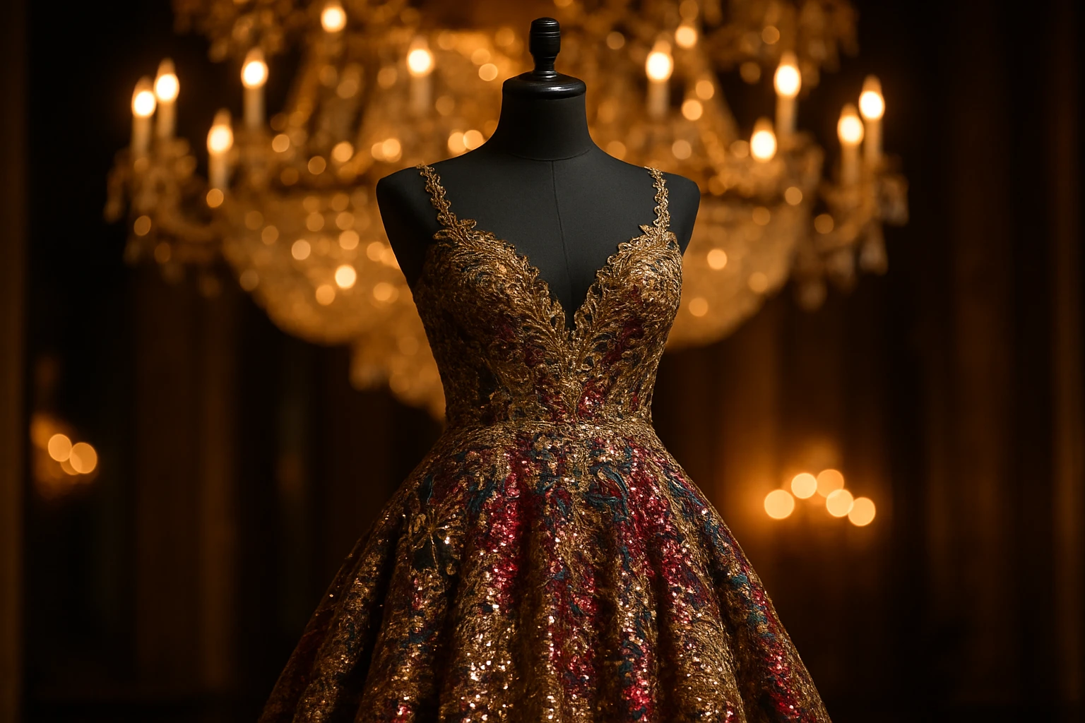 A luxurious party gown displayed on a mannequin, set against a backdrop of a grand chandelier with soft, warm lights reflecting off the gown's sequins, bringing out its rich colors and intricate embroidery.