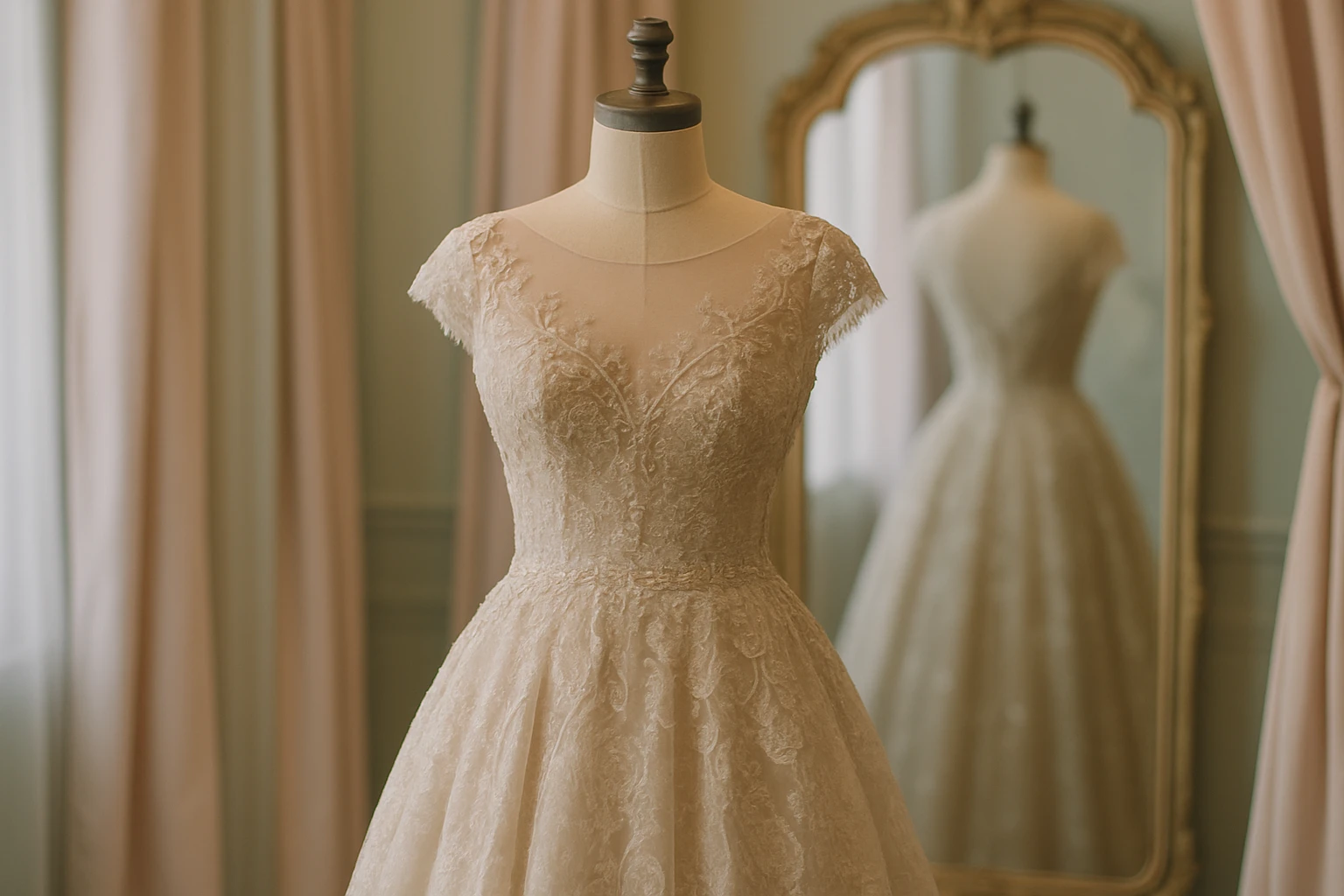 A vintage-inspired party gown with intricate lace overlays and beading displayed on a dress form in an elegant boutique, surrounded by soft pastel-colored drapes and a vintage-style mirror reflecting the gown's details.