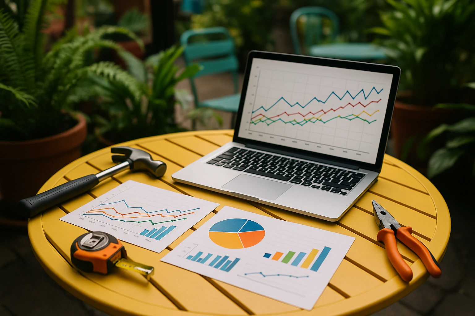 A set of tools, graphs, and charts displayed on a vibrant outdoor cafe table, surrounded by green plants, symbolizing innovative approaches to conversion rate optimization.