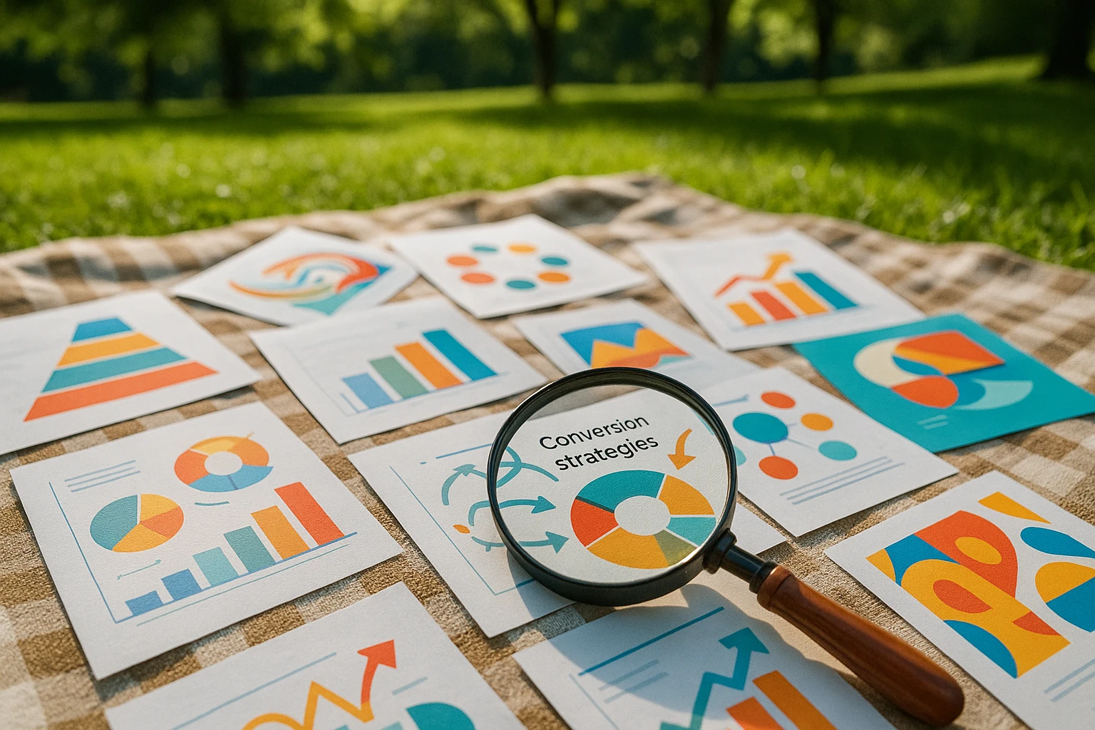 A diverse array of colorful marketing materials and printouts scattered on a picnic blanket in a sunny park, with a magnifying glass highlighting conversion strategies, reflecting an innovative and natural approach to optimizing conversion rates.