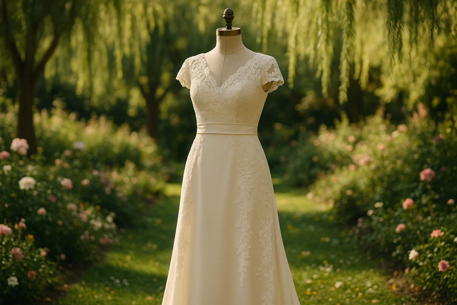 A refined cream-colored mother of the bride gown with delicate lace details is displayed on a vintage dress form in a sunlit garden, surrounded by blooming flowers and softly swaying willow trees.