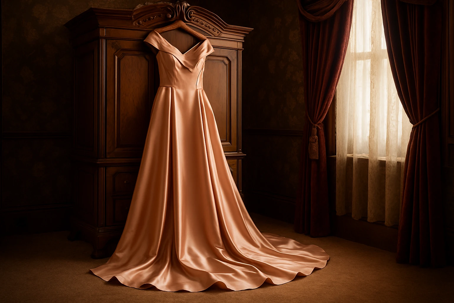 A luxurious rose gold silk mother of the bride gown with a flowing satin train is elegantly draped over an antique wooden wardrobe, set against the backdrop of a richly decorated Victorian-style bedroom with deep velvet curtains and a soft, plush carpet.