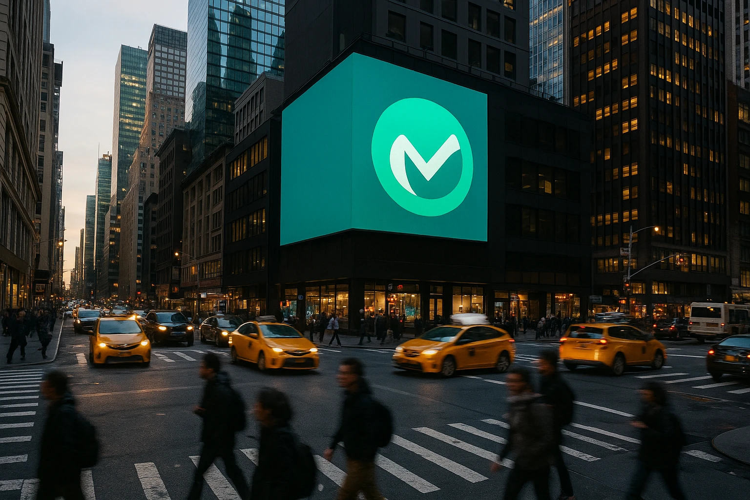 A vibrant cityscape with a prominent billboard displaying the Mint CRO logo, surrounded by bustling traffic and pedestrians, symbolizing the impact of strategic marketing optimization in an urban environment.