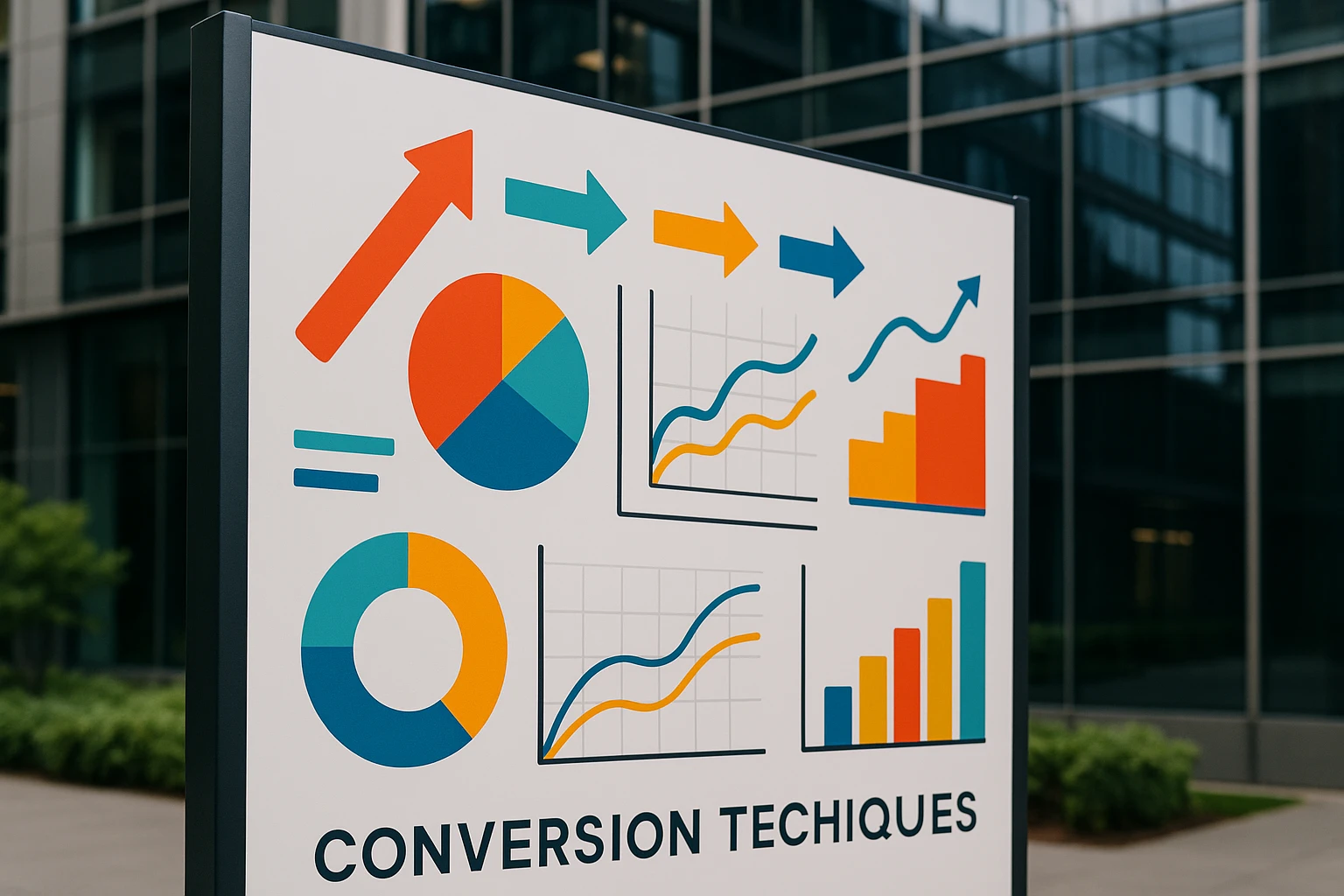 A close-up of a colorful infographics board outdoors, with arrows and charts illustrating different CRO techniques, set against a backdrop of a modern glass building, signifying data-driven business strategies.