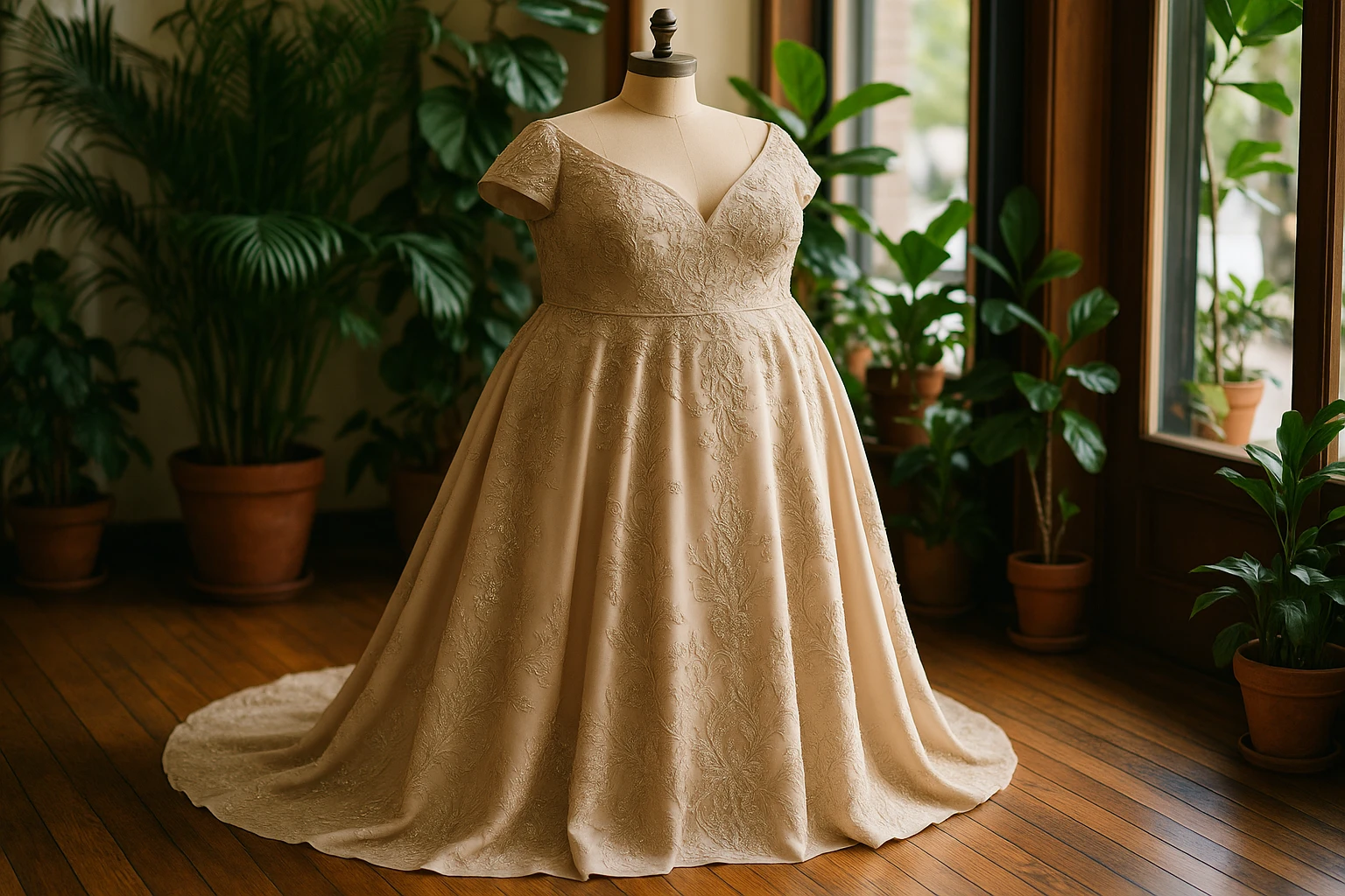 A beautifully designed plus size gown draped elegantly on a dress form in a sunlit boutique, surrounded by lush green plants and rich wooden floors, showcasing intricate embroidery and luxurious fabric.
