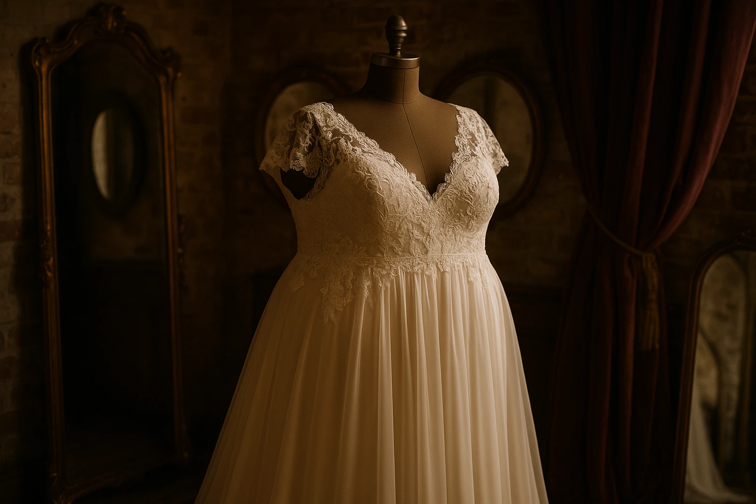 A plus size gown displayed on a vintage dressmaker's mannequin in a cozy, dimly lit room with exposed brick walls, featuring delicate lace detailing and a flowing chiffon skirt, surrounded by antique mirrors and velvet drapes.