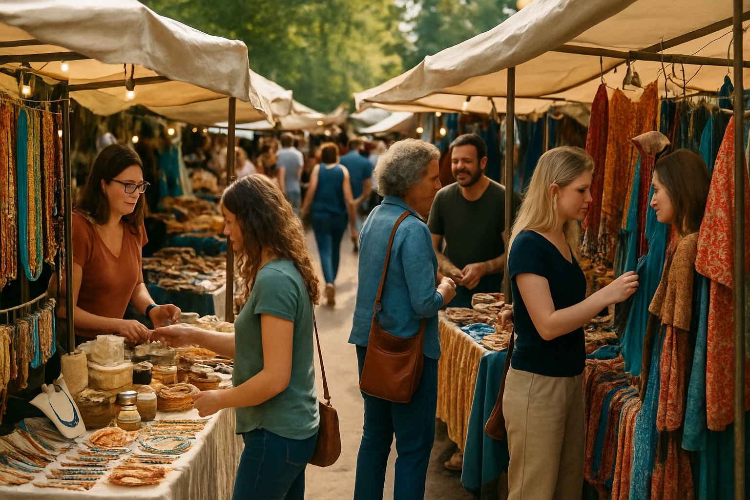 A bustling marketplace with colorful vendor stalls, each displaying a variety of products like handcrafted jewelry, artisanal foods, and unique clothing, while visitors wander through, examining items and chatting with sellers.
