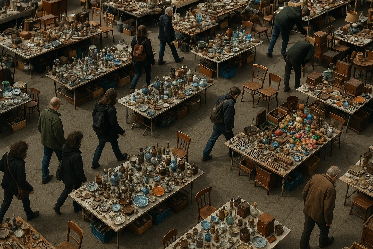 Aerial view of a cluttered outdoor flea market with an assortment of products like vintage toys, antique furniture, and eclectic pottery spread across tables, with potential buyers weaving through the maze-like setup, struggling to find their way.