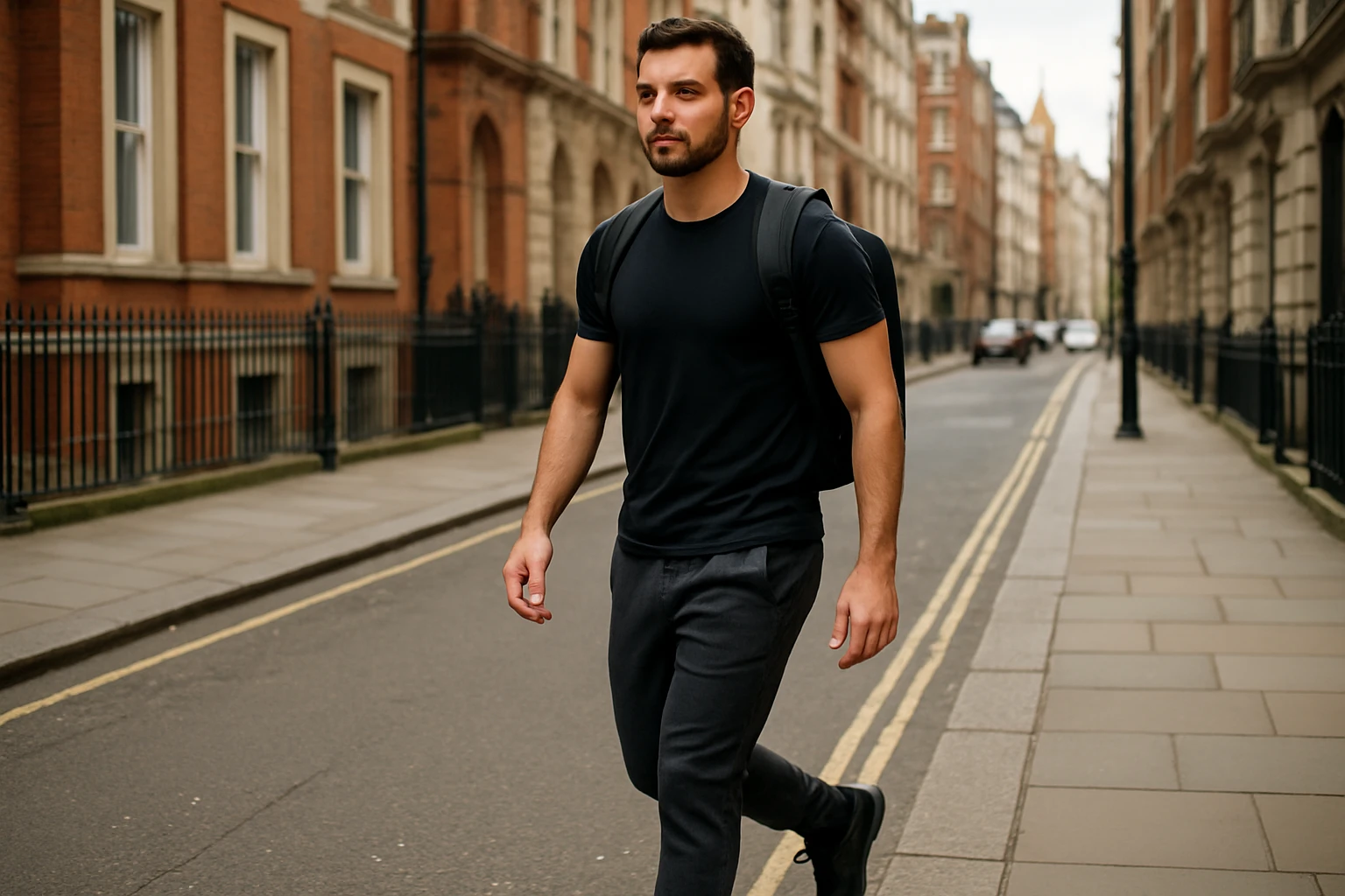 A man walking confidently down a London street wearing modern joggers with pockets, carrying a sleek backpack.