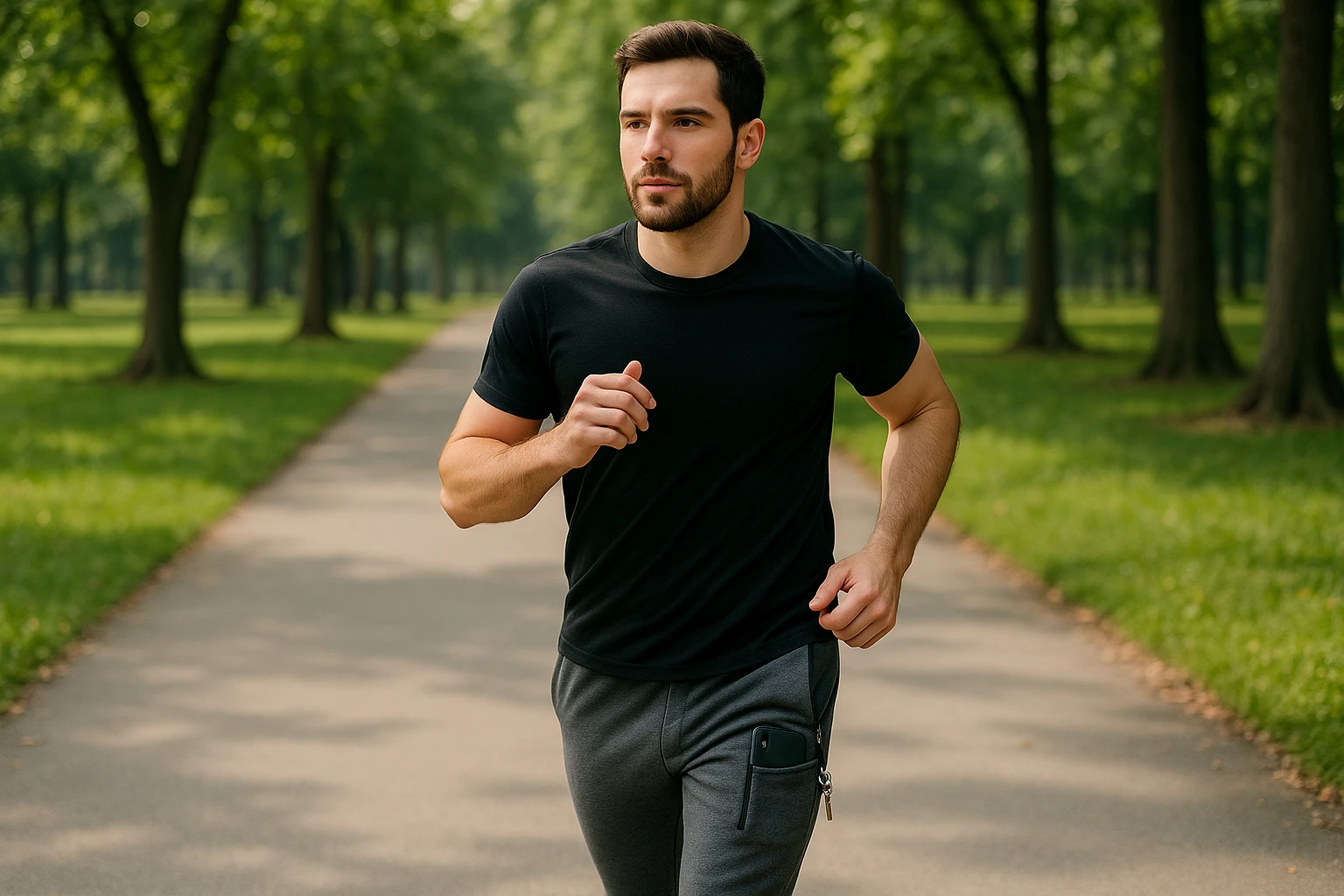 A person jogging in a park wearing zip-pocket joggers while securely carrying a smartphone and keys in the pockets.